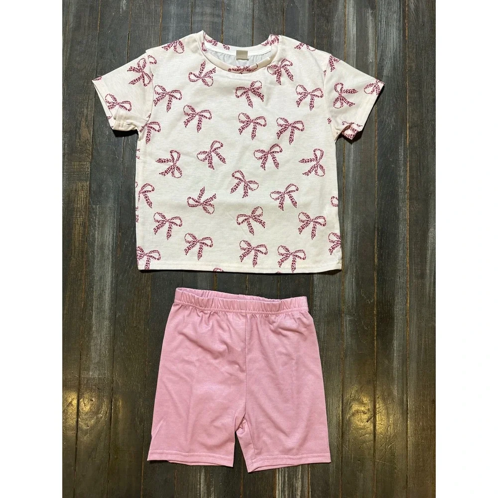 SHEIN Kids Leopard Bow Print Tee and Pink Biker Shorts 2-Piece Set Cream  Pink